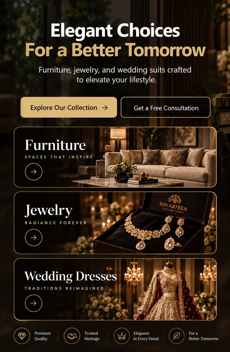 Bin Arfeen Collection featuring furniture, jewelry, and wedding suits
