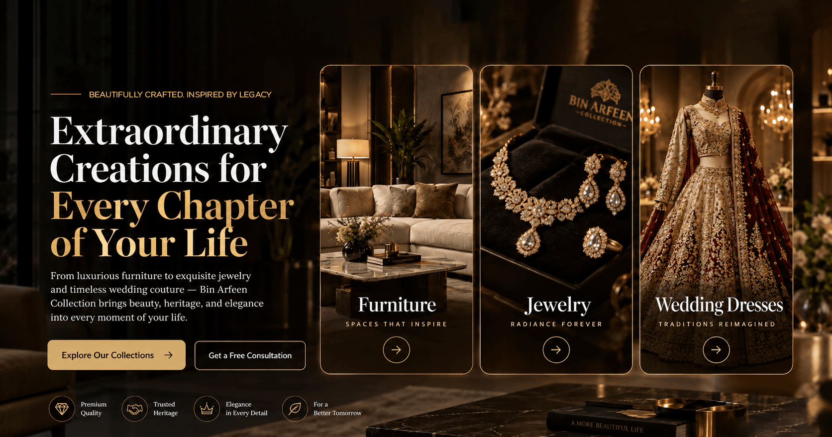 Bin Arfeen Collection featuring furniture, jewelry, and wedding suits